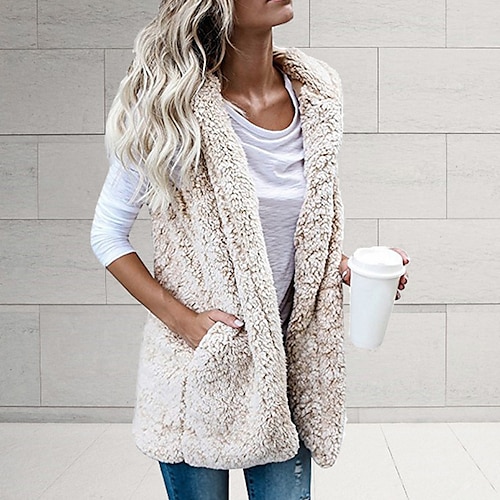 

Women's Vest Teddy Coat Gilet Sherpa Jacket with Hood Outdoor Street Going out Fall Winter Regular Coat Regular Fit Warm Breathable Cute Casual Jacket Sleeveless Solid Color Pocket White Black Gray
