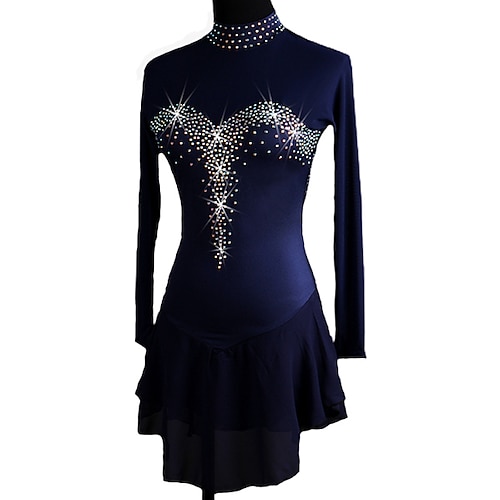 

Figure Skating Dress Women's Girls' Ice Skating Dress Outfits Dark Navy Aquamarine Mesh Spandex High Elasticity Practice Professional Competition Skating Wear Anatomic Design Quick Dry Handmade