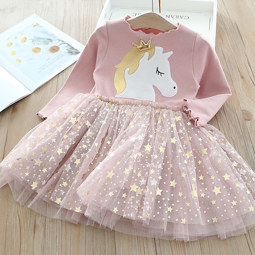 

Kids Little Girls' Dress Horse Cartoon Star Animal Tulle Dress Casual Sequins Patchwork Purple Pink Cotton Knee-length Long Sleeve Active Basic Dresses Regular Fit 2-8 Years