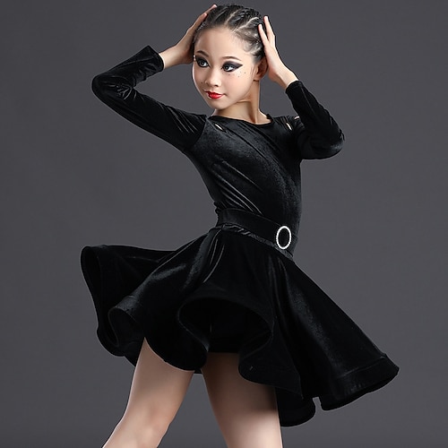 

Latin Dance Dress Pleats Hollow-out Solid Girls' Training Performance Long Sleeve Velvet