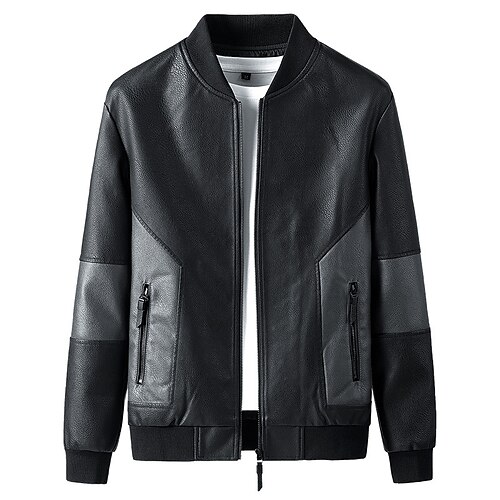 

Men's Faux Leather Jacket Soft Durable Casual Daily Office & Career Festival Zipper Turndown Warm Ups Outdoor Comfort Jacket Outerwear Solid / Plain Color Front Zipper Keep Warm Black Gray