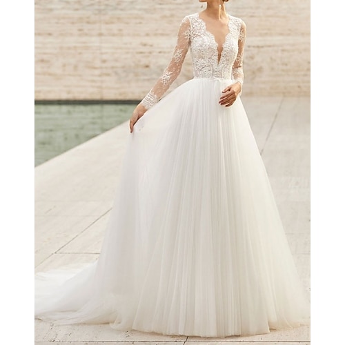 

Sheath / Column Wedding Dresses Jewel Neck Chapel Train Lace Tulle Long Sleeve Country with 2022