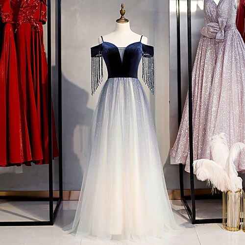 

A-Line Evening Dresses Glittering Dress Prom Floor Length Short Sleeve Off Shoulder Tulle with Crystals Sequin 2022 / Formal Evening