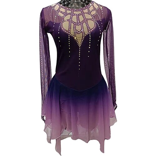 

Figure Skating Dress Women's Girls' Ice Skating Dress Outfits Purple Patchwork Spandex High Elasticity Training Practice Competition Skating Wear Handmade Color Gradient Crystal / Rhinestone Long