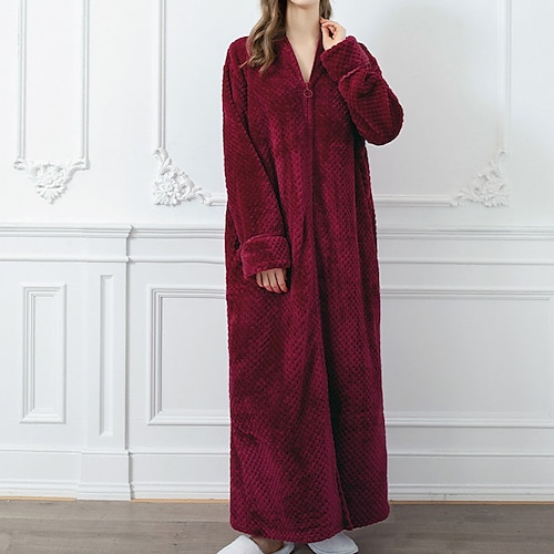 

Women's Pajamas Winter Robes Gown Bathrobes Nighty Pure Color Simple Comfort Plush Home Daily Bed Flannel Warm Breathable V Wire Long Sleeve Winter Fall Purple Wine / Pjs