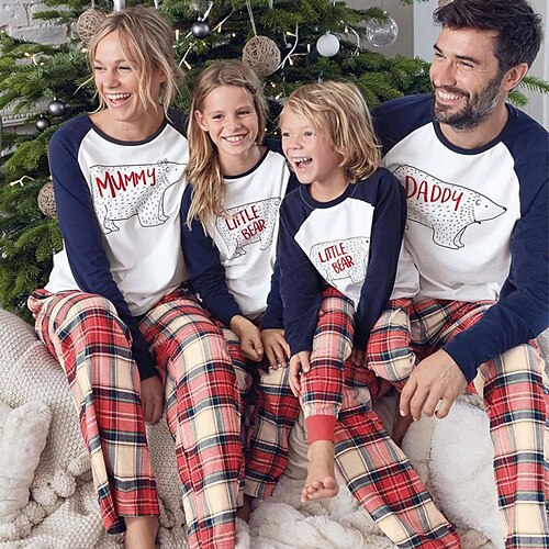 

Christmas Pajamas Ugly Family Plaid Bear Letter Daily Wear Patchwork White Long Sleeve Mom Dad and Me Daily Matching Outfits