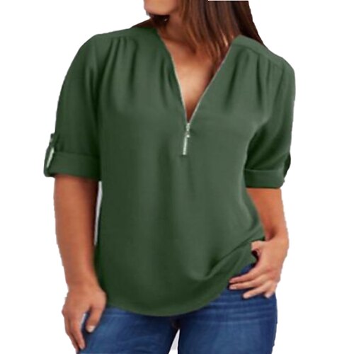 

Women's Shirt Blouse Navy Olive Green Black Plain Zipper Long Sleeve Work Daily Casual Preppy V Neck L