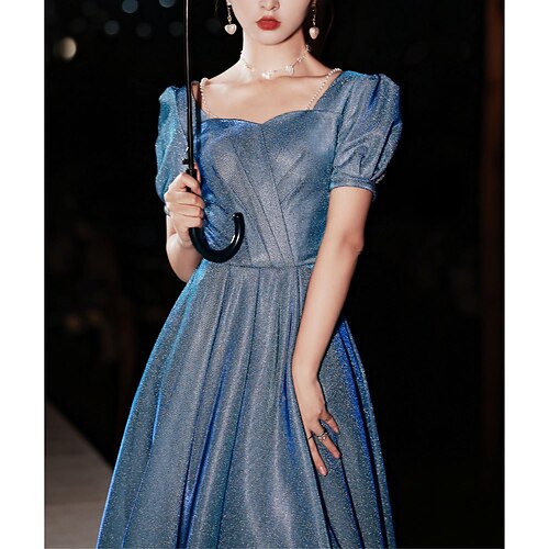 

A-Line Beautiful Back Elegant Prom Formal Evening Dress Sweetheart Neckline Short Sleeve Floor Length Satin with Pleats Beading 2022 / Puff Balloon Sleeve
