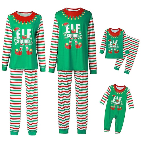 

Christmas Pajamas Ugly Family Set Cotton Striped Elf Letter Christmas Gifts Print Green Long Sleeve Mom Dad and Me Active Matching Outfits Fall Winter Casual