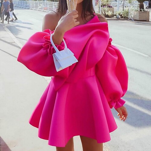 

Women's Party Dress Holiday Dress Red Long Sleeve Pure Color Ruched Fall Off Shoulder Party Winter Dress Christmas S M L XL XXL