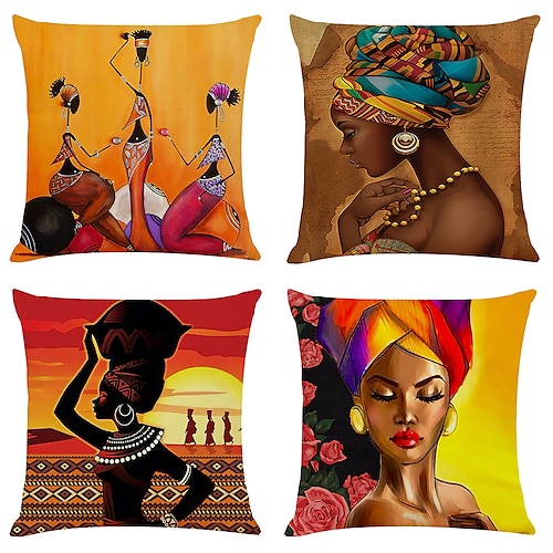 

African Double Side Cushion Cover 4PC Soft Decorative Square Throw Pillow Cover Cushion Case Pillowcase for Bedroom Livingroom Superior Quality Machine Washable Indoor Cushion for Sofa Couch Bed Chair
