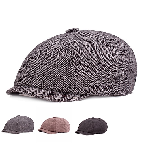 

Men's Beret Hat Newsboy Cap Khaki Light Grey Cotton Print Fashion 1920s Fashion Casual Outdoor Street Daily Stripe Windproof Comfort Warm Breathable