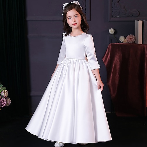 

First Communion Birthday A-Line Flower Girl Dresses Jewel Neck Ankle Length Mikado Winter Fall with Faux Pearl Cute Girls' Party Dress Fit 3-16 Years