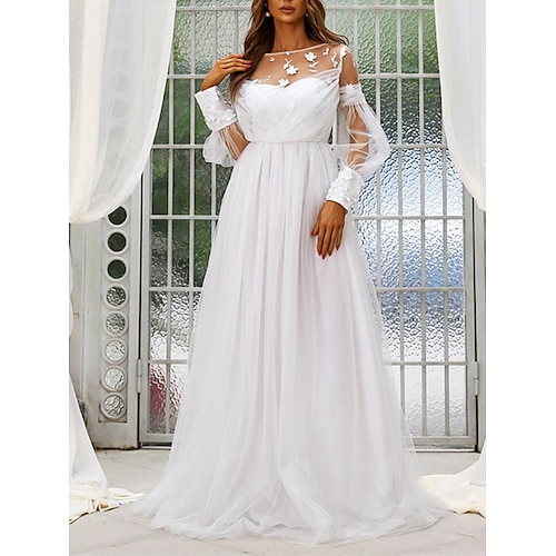 

A-Line Wedding Dresses Jewel Neck Sweep / Brush Train Tulle Long Sleeve Country Romantic with Appliques 2022