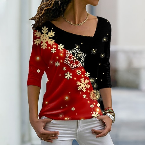 

Women's T shirt Tee Green Blue Red Color Block Sparkly Print Long Sleeve Casual Daily Basic V Neck Regular Painting S / 3D Print