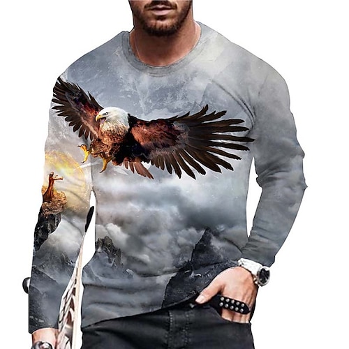 

Men's Unisex T shirt Tee Graphic Prints Eagle Crew Neck Gray 3D Print Daily Holiday Long Sleeve Print Clothing Apparel Designer Casual Big and Tall