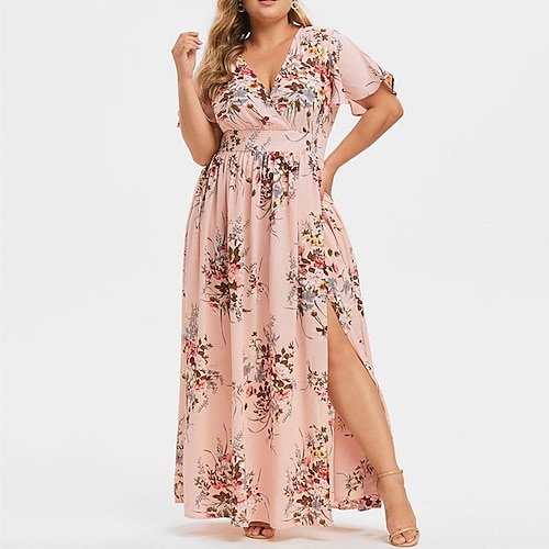 

Women's Plus Size A Line Dress Floral V Neck Split Long Sleeve Fall Spring Casual Maxi long Dress Daily Vacation Dress