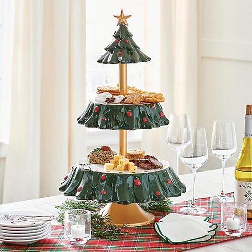 

Double Layer Cake Stand Resin Christmas Tree Dessert Table Fruit Plate Holiday Party Candy Plate Snack Tray Xmas Snack Rack Holder