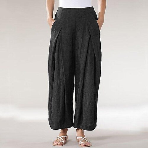 

Women's Chinos Slacks Pants Trousers Straight Cotton And Linen Blue Gray Black Mid Waist Fashion Casual / Sporty Casual Weekend Side Pockets Ankle-Length Comfort Plain S M L XL XXL / Loose Fit