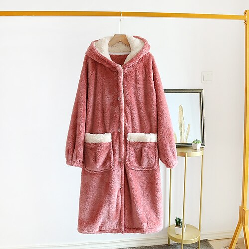 

Women's Pajamas Winter Robes Gown Bathrobes Nighty Pure Color Comfort Plush Home Daily Bed Flannel Warm Breathable Hoodie Long Sleeve Winter Fall Blue Pink / Buckle / Pjs