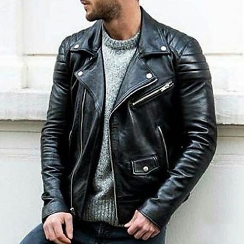 Homme Veste Blouson Simili Cuir Veste moto Blouson Moto du quotidien Chaud Pluie Etanche énorme Automne Couleur unie Décontractées Col rabattu Normal Ample Noir Veste