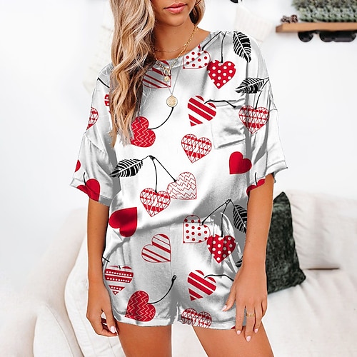 

Women's Pajamas Sets Nighty 1 set Heart Flower Simple Fashion Comfort Home Party Daily Satin Breathable Gift Crew Neck Short Sleeve T shirt Tee Shorts Basic Elastic Waist Fall Spring Green Black
