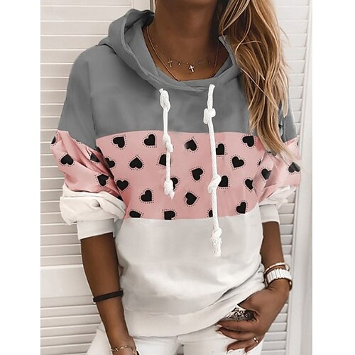 

Women's Hoodie Sweatshirt Pullover Active Streetwear Patchwork Print Gray Color Block Heart Casual Hooded Long Sleeve S M L XL XXL