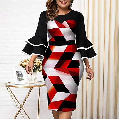 

Women's Plus Size Party Dress Geometric Crew Neck Ruffle 3/4 Length Sleeve Spring Fall Casual Prom Dress Midi Dress Causal Daily Dress / Print