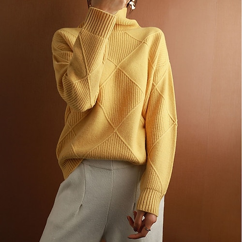 

Women's Pullover Sweater jumper Jumper Knit Knitted Solid Color Turtleneck Basic Stylish Outdoor Home Drop Shoulder Winter Fall Yellow Camel S M L / Long Sleeve / Casual / Regular Fit