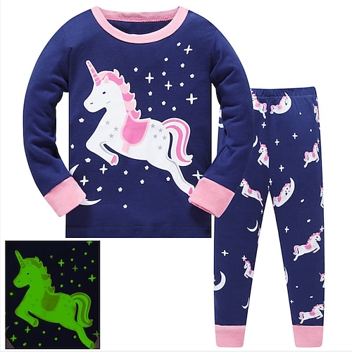 

2 Pieces Kids Girls' Outfit Animal Unicorn Print Long Sleeve Print Cotton Set Outdoor Basic Daily Fall Spring 2-8 Years Dusty Blue