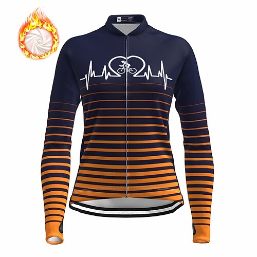 

21Grams Women's Cycling Jersey Long Sleeve Winter Bike Top with 3 Rear Pockets Mountain Bike MTB Road Bike Cycling Fleece Lining Warm Moisture Wicking Reflective Strips Dark Navy Stripes Fleece