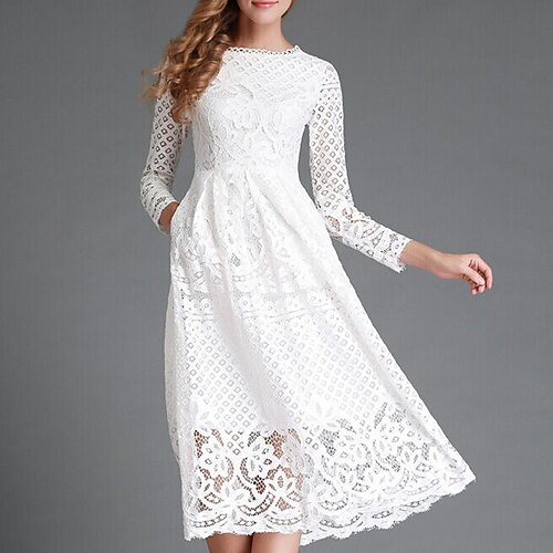 

abito da festa delle donne abito da ospite di nozze abito di pizzo abito altalena abito al ginocchio nero bianco manica lunga pizzo di colore puro autunno autunno girocollo elegante abito invernale