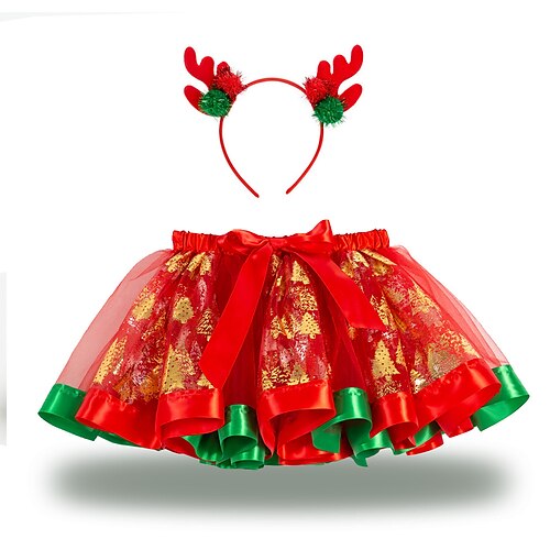 

Christmas Tutu Dress Headwear Bowknot Paillette Tulle Girls' Performance Theme Party Natural Tulle Polyester