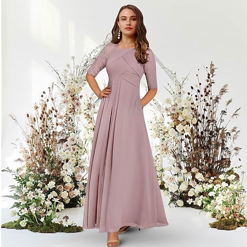 

A-Line Elegant Wedding Guest Formal Evening Dress Jewel Neck Half Sleeve Floor Length Chiffon with Pleats Ruched 2022