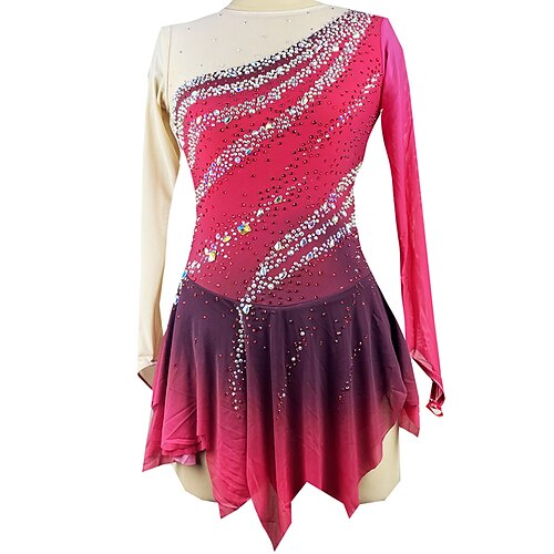 

Figure Skating Dress Women's Girls' Ice Skating Dress Outfits Red Mesh Spandex High Elasticity Training Practice Professional Skating Wear Handmade Crystal / Rhinestone Long Sleeve Ice Skating Figure