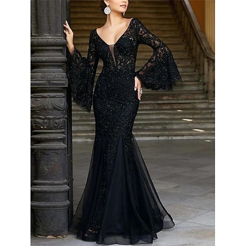 

Mermaid / Trumpet Mother of the Bride Dress Elegant Sexy V Neck Floor Length Lace Tulle Long Sleeve with Sequin Appliques 2022