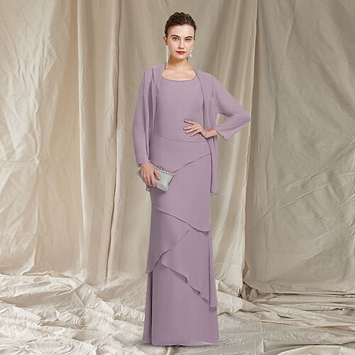 

Two Piece Sheath / Column Mother of the Bride Dress Elegant Scoop Neck Floor Length Chiffon Sleeveless Wrap Included with Beading Cascading Ruffles 2022