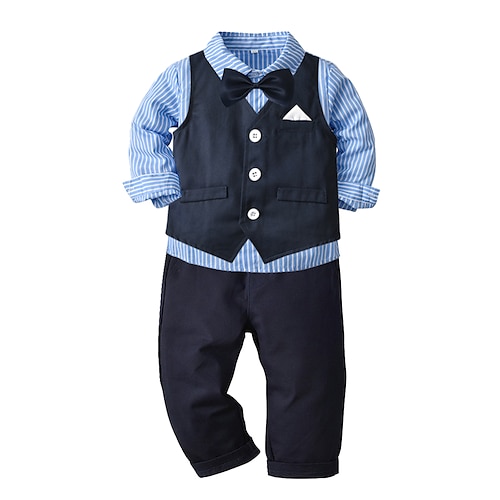 

4 Pieces Kids Boys Shirt & Pants Clothing Set Outfit Stripe Long Sleeve Cotton Set Formal Gentle Fall Spring 2-8 Years Blue