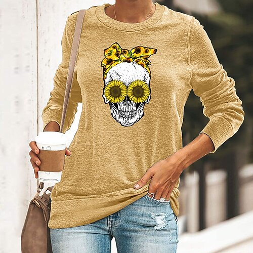 

Women's T shirt Tee Green Blue Gray Skull Sunflower Print Long Sleeve Halloween Weekend Basic Halloween Round Neck Regular Floral Painting S