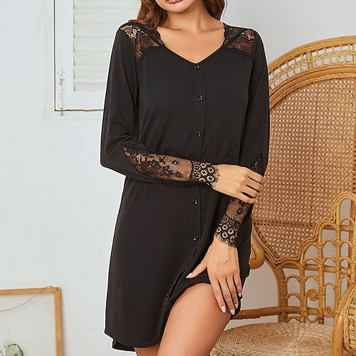 

Women's Pajamas Nightgown Nighty Pjs Pure Color Simple Comfort Home Daily Bed Polyester Breathable Gift V Wire Long Sleeve Fall Spring Navy Blue Gray