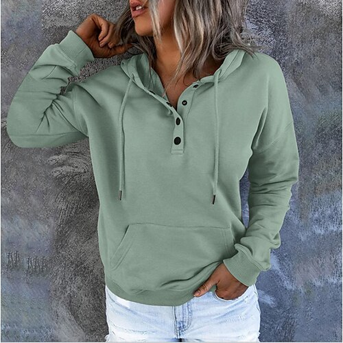 

Damen Hoodie Sweatshirt Kapuze Zur Seite fahren Kapuzenpullover mit Knöpfen Casual Weinrot Schwarz Blau Feste Farbe Glatt Casual Mit Kapuze Langarm