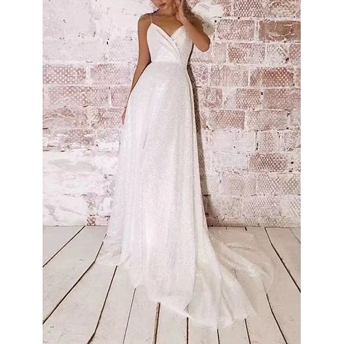 

A-Line Wedding Dresses V Neck Spaghetti Strap Court Train Tulle Sequined Sleeveless Romantic Sexy Sparkle & Shine with Sequin 2022