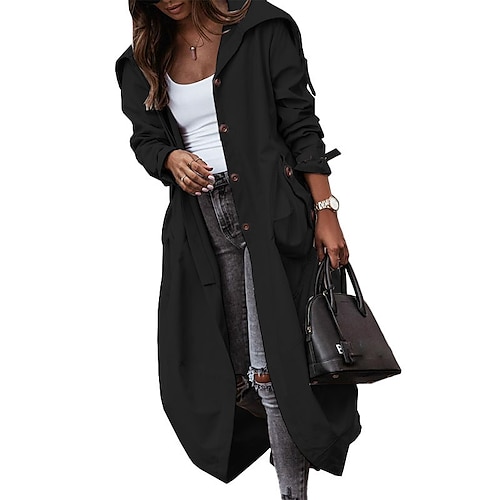 

Women's Trench Coat Hoodie Jacket Street Daily Going out Winter Fall Long Coat Regular Fit Warm Breathable Casual Jacket Long Sleeve Solid Color Black Light Grey