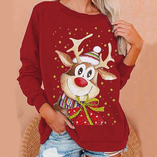 

Women's Sweatshirt Pullover Streetwear Christmas Print Black Orange Dark Gray Elk Stars Reindeer Loose Fit Christmas Gifts Round Neck Long Sleeve S M L XL XXL / 3D Print
