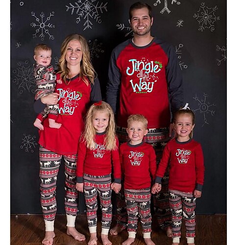 

Christmas Pajamas Ugly Family Set Deer Christmas pattern Letter Christmas Gifts Print Red Long Sleeve Mom Dad and Me Active Matching Outfits Homes Fall Spring Casual