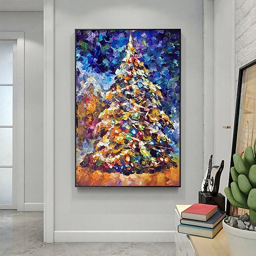 

Christmas Oil Painting Handmade Hand Painted Wall Art Abstract Plant Floral Colored Christmas Tree Home Decoration Decor Stretched Frame Ready to Hang