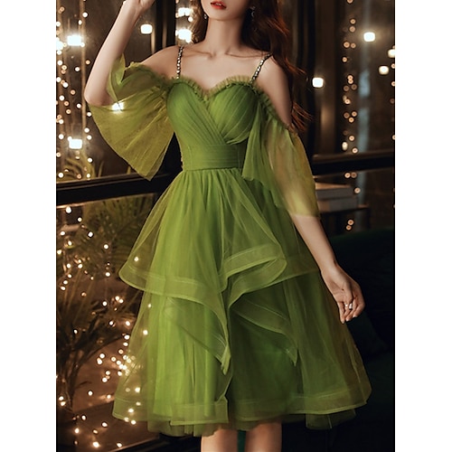 

A-Line Bridesmaid Dress Sweetheart Neckline / Spaghetti Strap Half Sleeve Elegant Knee Length Tulle with Ruffles 2022