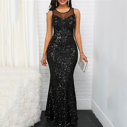 

Women's Party Dress Sequin Dress Sheath Dress Long Dress Maxi Dress Black Sleeveless Pure Color Sequins Fall Spring Autumn Crew Neck Party S M L XL