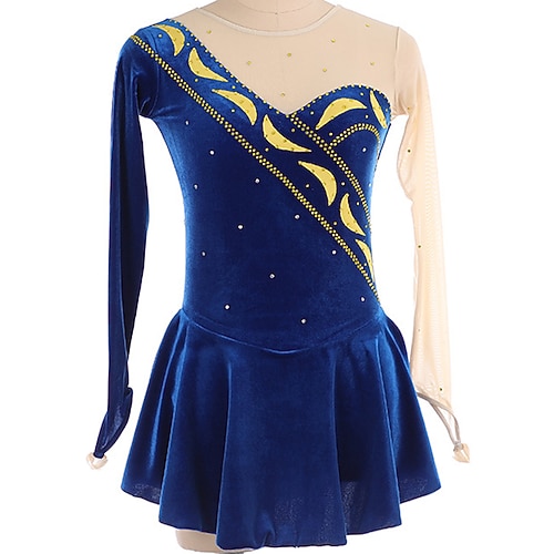

Figure Skating Dress Women's Girls' Ice Skating Dress Outfits Dark Navy Mesh Spandex Velvet High Elasticity Training Competition Skating Wear Handmade Crystal / Rhinestone Long Sleeve Ice Skating