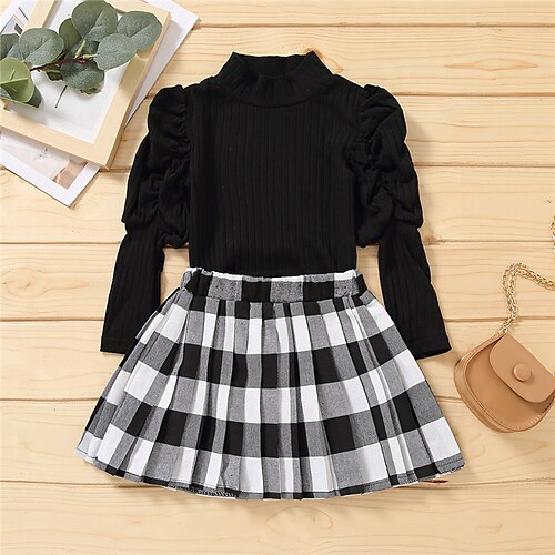 

2 Piezas Niños Chica Conjunto de Ropa Vestimenta Plaid Bloque de color Manga Larga Frunce Algodón Establecer Exterior Moda Estilo lindo Diario Invierno Otoño 2-6 años Rojo Blanco